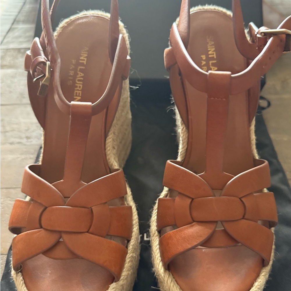 Saint Laurent Tan Espadrille Wedges